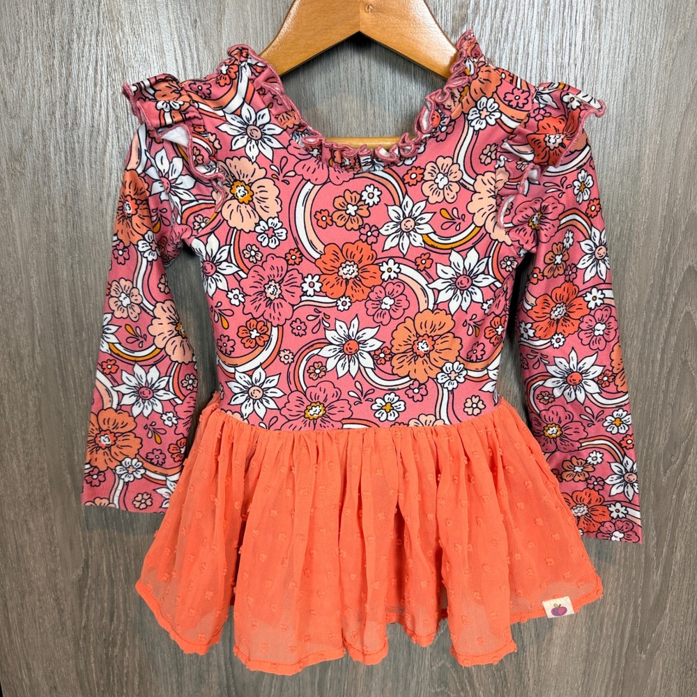 Cheeky Plum Skirted Leotard Dress 2T Pink Orange Floral Retro Tutu Dance Ballet